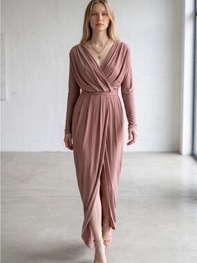 Miss London Wrap Maxi Dress in Dusty Mauve